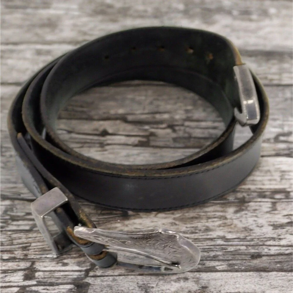 Genuine Black Leather Belt Silver Buckle Casual Men's Size 40 Solid 1